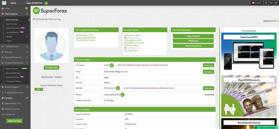 SuperForex Account profile